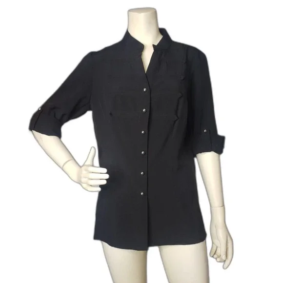Laura Scott Military Style Button Up Black Blouse Womens Size Large NEW - Picture 9 of 9